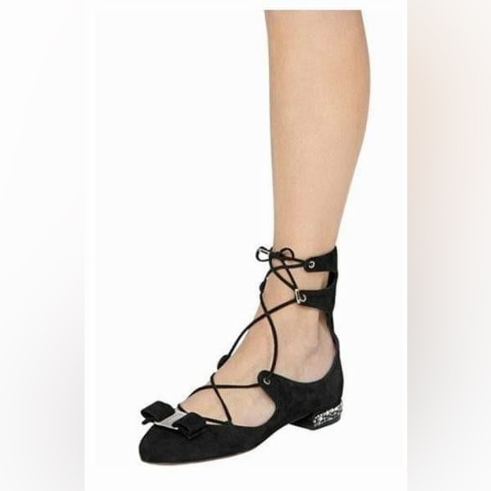 Salvatore Ferragamo Black Lace-Up Flats with Bow Detail
